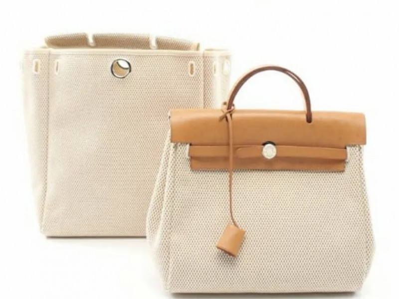 Set Balo Nữ Hermès Herbag MM 2 In 1 Shoulder Handbag Natural Toile Màu Be Nâu
